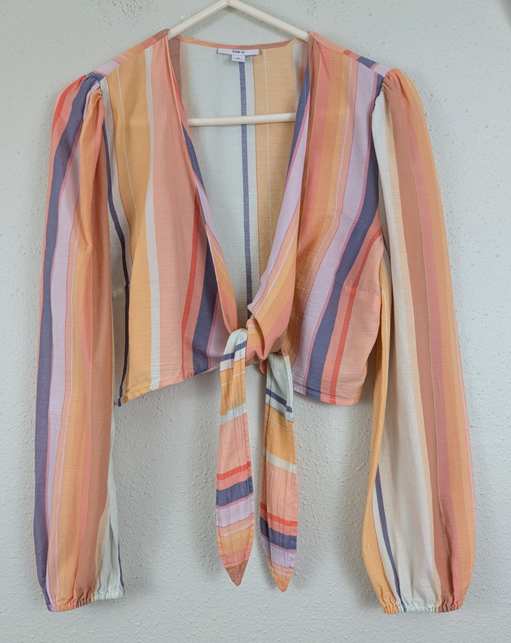 Bar lll sz XL Cropped Tie Front Blouse multi color stripes balloon sleeves 3301